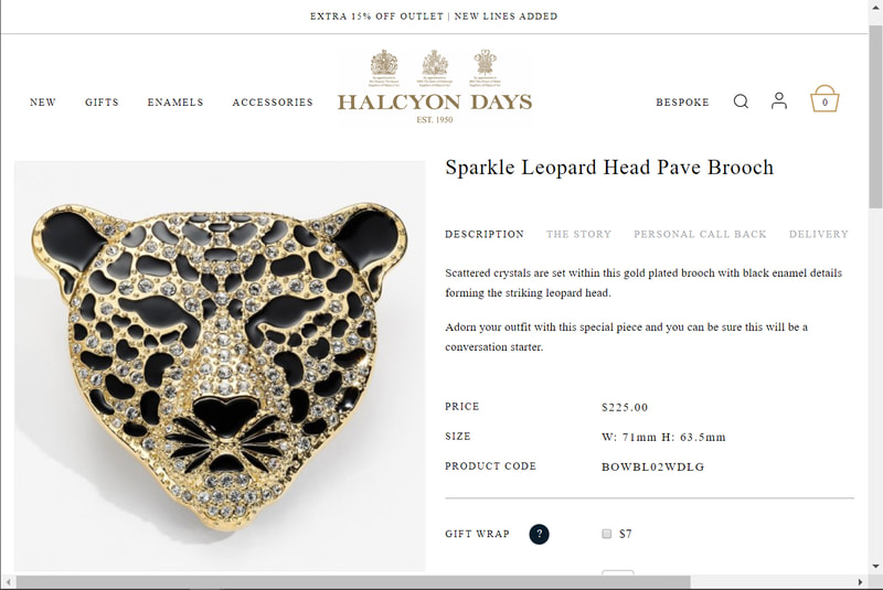Screenshot of "Pave Leopard Brooch"  product page from customer website.