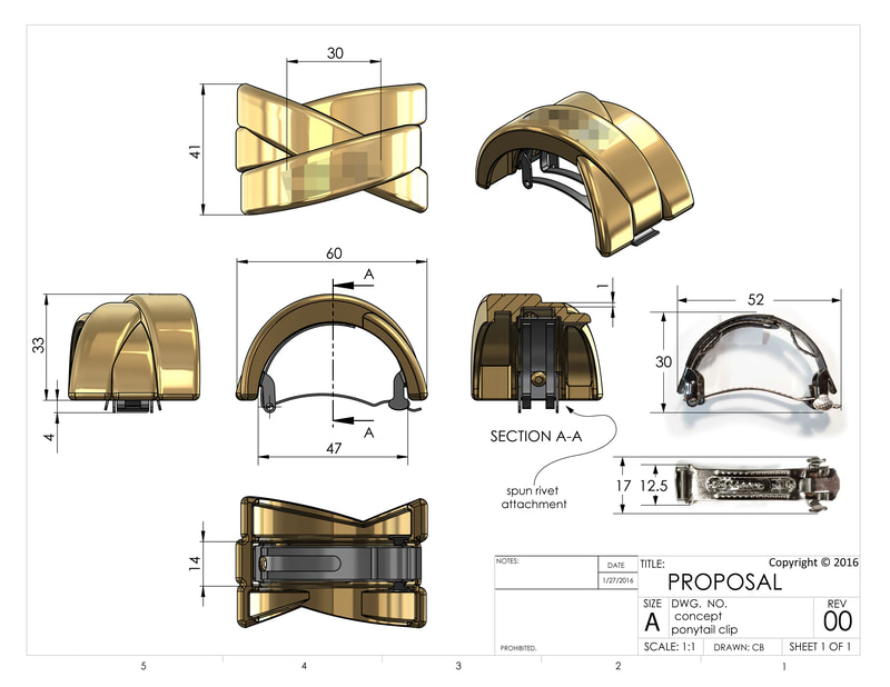Technical drawing of a ponytail hair clip, developed from a 3D model produced in Solidworks. 