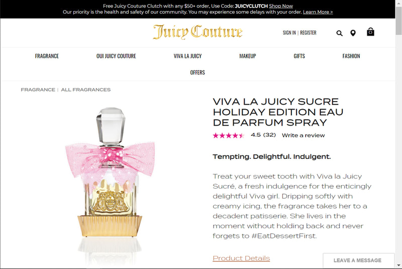 Screenshot of "Sucre" bottle product page from customer website.